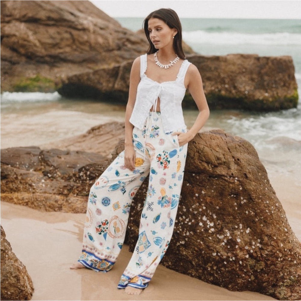 Label Of Love Anthropologie Womens M Tropical Wide Leg Linen Blend Resort Pants - Picture 2 of 16